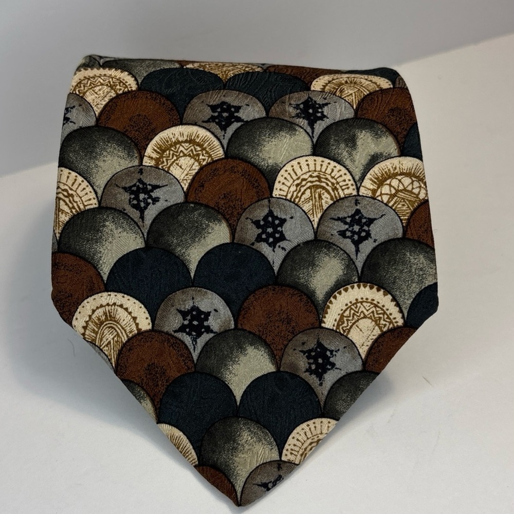 Vintage Pattinni Silk Tie Brown Tan Gray Geometric Circles X Long Neck tie 64"